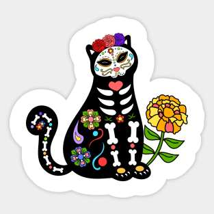 Day of the Dead Skeleton Flower Cat Sticker